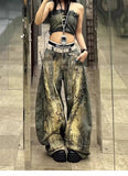 SHOPMOCHO American Retro Washed Denim Jeans washing old hand-painted graffiti printed jeans Fashion Loose Casual Wide Leg Jeans