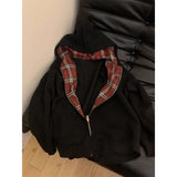 Shopmocho Grid Splicing Hooded Sweatshirt Women's Loose Versatile Zipper Cardigan Jacket Spring Autumn Long Sleeved Versatile Coat Top