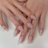 SHOPMOCHO 24Pcs Cat’s Eye Leopard Print Press on Fake Nails Mid-length Ballet False Nails with Rhinestone Detachable Full Cover Nail Tip