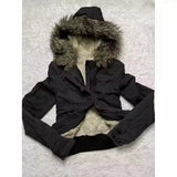 Shopmocho Women Y2K Winter Hooded Jacket Short Bomber Coat Faux Fur Collar Warm Casual Streetwear Zipper Outerwear Fashion Ladies Clothes