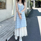 Shopmocho Women Plaid Fake Two Piece Suspender Dress Women Summer Retro Loose Long Dress