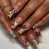 Shopmocho 24Pcs Long Coffin Leopard Print False Nails with Glue Sweet Cool Diamond Fake Nail Set Floral French Press on Wearable Nail Tips