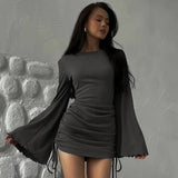 Shopmocho Sexy Women Mini Dress Flare Long Sleeve Drawstring Pleated Bodycon Casual Solid Autumn Winter Streetwear Short Dresses