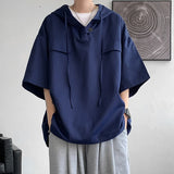 SHOPMOCHO 5 Colors Summer Hooded T shirt Men Korean Half Sleeve Pullover Streetwear Loose T-shirt Tops Drawstring Men Clothing