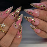 SHOPMOCHO 24pcs Golden Lines Patterns False Nails Dark Purple Blush French Fake Nails for Spice Girls Sweet Cool Almond Ins Nails Press On