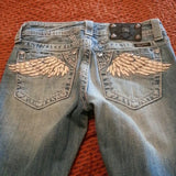 SHOPMOCHO American Vintage Y2K Rhinestone Wing Embroidered Jeans Womens Blue Low Rise Flared Denim Pants with Studded Pockets Streetwear