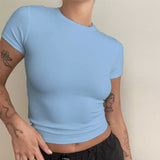 SHOPMOCHO-Woman Clothing Short Sleeve T-shirt Slim Fit Tops Female O-Neck Knitted Sheath Tee Shirt Street Wear Sex Sporty 2025 Y2K New2410
