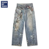 Shopmocho New 3D Chain Old Jeans Men American Tie-Dye Splash-Ink Hip Hop Pants High Street Y2K Punk Graffiti Hip Hop Couple Straight Pants