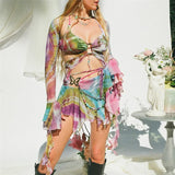 Shopmocho Women Y2k Ruffle Butterfly 2 Piece Outfit Sexy Fairy Backless Crop Top Wrap Mini Skirt Set Rave Festival Matching Set