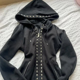 SHOPMOCHO Y2K Silver Rivet Stud Fitted Hoodie Black Zip Up Women Heavy Detail Streetwear Casual Long Sleeve Fashion Pullover Jacket Coat