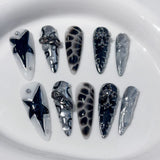 SHOPMOCHO Handmade Press on Nails Punk Cool Black Star Crocodile pattern False Nails Heavy Metal European Black Almond Fake Nail Patches