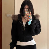 SHOPMOCHO Black Fur Collar Zipper Sweatshirt Simple Fashion Furry Collar Zipper Hooded Sweatshirt Vintage Y2k Zipper Hooded Sweatshirt