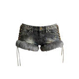 SHOPMOCHOY2k Spice Girl Washed Retro Fluff Splicing Rivet Denim Shorts Women's Low Waist Wide Leg Hot Pants