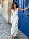 Shopmocho Irregular Pleated Hem Solid Long Dress Elegant U Neck Sleeveless High Waisted Strap Robes Summer Women Fashion Street Wear