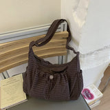 Shopmocho Korean Nylon Shoulder Bag Fashion Simple Plaid Zipper Tote Bag Drawstring Pleated Cloud Bag New Commuter Crossbody Shoulder Bag