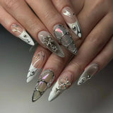 SHOPMOCHO 24Pcs Pink Almond False Nails Butterfly Ballet with French Design Wearable Fake Nails Simple Artificial Press on Nails Tips Art
