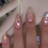 SHOPMOCHO 24Pcs Mid-length Almond Ballet False Nails Simple Cat Eye Design Press on Fake Nail Wearable Full Cover Nail Tips Manicure Tools