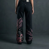 SHOPMOCHO Hip Hop Cherry Blossom Embroidery Baggy Jeans Harajuku Women Wide Leg High Waisted Denim Pants Y2k Trend Jeans Women Clothing