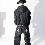 SHOPMOCHO American Dark Gothic Streetwear Cropped Hooded Jacket Men Women Red Faux Fur Lined Oversized Zip Up Rivet Winter Outerwear