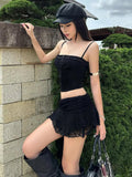 Shopmocho Weird Puss Sexy 2-Piece Set Women Zip Skinny Fungus Edge Camisole+Irregular Tassel Jacquard Skirts Matching Street Midnight Suit
