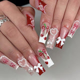 Shopmocho 24pcs Rhinestones Full Cover Nail Art Datachable Glitter French Press on Nails Tip Flower Long Square Fake Nail Pink False Nails