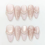 SHOPMOCHO 10pcs Purple Cat's Eye Handmade Fake Nails Tips Glitter Mid-length Oval Press on Nails Art Bow Rhinestone Design False Nail Sets