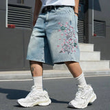 SHOPMOCHO Men's Light Blue Cherry Blossom Embroidered Denim Shorts, Loose Wide-Leg Streetwear Trendy Denim Capris