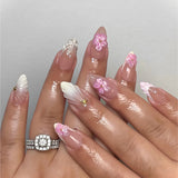 Shopmocho 24Pcs Mid-length 3D Flowers Design Fingertips Sweet Butterfly Yellow Ripple Almond False Nails Detachable Full Cover Press Ons