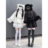 SHOPMOCHO Winter New Lolita Shawl Overcoat Women Design Bow Hooded Patchwork Kawaii Cope Coat Female Warm Chic Sweet Christmas Coat