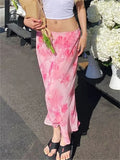 Shopmocho Women Floral Long Skirts Low Waist Chiffon Flowy Straight Skirt 2025 Summer Fall Bohemian Casual Retro Skirts