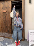 SHOPMOCHO American retro plaid pocket wide-leg short jeans for women loose and casual straight high waist slimming men and women pants