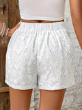 Shopmocho Plus size ladies elegant white shorts flared hem non-elastic culottes hand washable four seasons casual wear lace texture