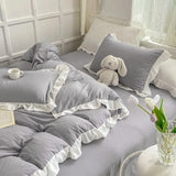 Shopmocho Korean Princess Style Duvet Cover Set No Filling Pink Blue Soft Washed Cotton Girls Favorite Ruffles Bed Linen Pillowcases