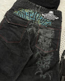 SHOPMOCHO Summer Black Skull Pattern Print Retro Men's Denim Shorts Y2K Street Jeans Sports Pants Commuting Casual Men's Wear