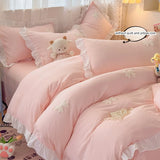 SHOPMOCHO 3 Piece Sheet Set  pink bowknot embroidery Quilt Set ， comfortable embroidery  Bedding Set Bedspread for All Season