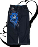 SHOPMOCHO American Fashion Printing Jeans Hip Hop Baggy Cross-legged Jeans Grey Wash Straight Mop Pants Men and Women