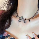 Shopmocho Sweet Cool Gun Black Fantasy Dragonfly Necklace for Women Gothic Black Tassels Choker Niche High-End Clavicle Chain Jewelry