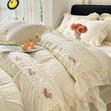 Shopmocho Korean Princess Style Lace Ruffles Wedding Bedding Set Seersucker Washed Cotton Soft Duvet Cover Set Bed Sheet Pillowcase 3/4Pcs
