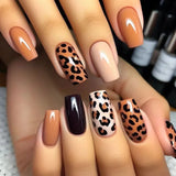 Shopmocho 24Pcs Long Coffin Leopard Print False Nails with Glue Sweet Cool Diamond Fake Nail Set Floral French Press on Wearable Nail Tips
