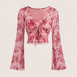SHOPMOCHO Summer Women's Y2k Floral Printed Sweet V-Neck T-shirts Mesh Beach Party Dress Top Flare Sleeve Square Collar Lace Up Shirt 2025