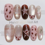 SHOPMOCHO 10pcs Purple Cat's Eye Handmade Fake Nails Tips Glitter Mid-length Oval Press on Nails Art Bow Rhinestone Design False Nail Sets