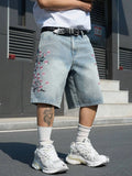 SHOPMOCHO Men's Light Blue Cherry Blossom Embroidered Denim Shorts, Loose Wide-Leg Streetwear Trendy Denim Capris