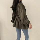 Shopmocho Retro Korean Chic Autumn Utility Jacket Waist Cinching Drawstring Slimming Women's Coat Fake Pocket Design Elegant Style