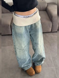 SHOPMOCHO American Retro Ribbed Waistband Loose Wide Leg Jeans Distressed Washed Straight-leg Jeans Harajuku Style Hot Girl Y2k Trousers