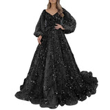 Shopmocho BWQ Vinatge Evening Party Long Dresses Sequin Women A-line Princess Dress Lantern Sleeve Spring Summer Robe Prom Halloween