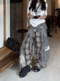 SHOPMOCHO American Street Plaid Patchwork Gray Jeans for Women 2026 Loose Straight Wide Leg Pants Y2k High Waist Women's Clothing
