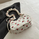 Shopmocho Women Small Underarm Bag Corduroy Handbag Cute Strawberry Print Little Tote Half Moon Design Eco Cloth Purse Mini Shoulder Bags