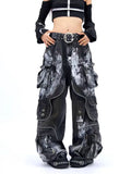 SHOPMOCHO American Oversized Retro Pocket Folding Jeans For Men And Women Washed Tie Dye Heavy Industry Gothic Hip-Hop Zipper Loose Jeans