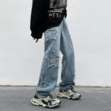 SHOPMOCHO 2025 New Fashion Stars Towel Embroidery Brown Men Jeans Pants Y2K Clothes Straight Hip Hop Cotton Trousers Pantalon Homme