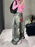 Shopmocho American Gothic Print Blue Wash Jeans Y2K Autumn Winter Retro Hip Hop Loose Casual Fashion Street High Waist Straight Jeans